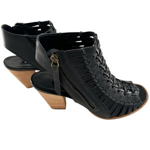Paul Green Black Leather Woven Peep Toe Slingback Heels Size US 7.5 and EU 5